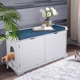 Cat Washroom Bench;  Wood Litter Box Cover with Spacious Inner;  Ventilated Holes;  Removable Partition;  Easy Access (Color: White)